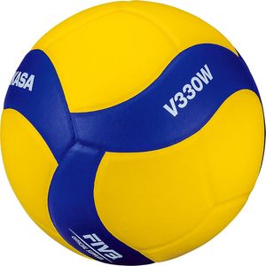 Мяч вол. "MIKASA V330W", р.5, синт.кожа (ПУ), 18 пан., оф. парам. FIVB,клееный, бут.кам, желто-синий 5 MIKASA V330W