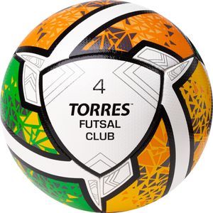 Мяч футзал. TORRES Futsal Club, FS323764, р.4, 10 пан. ПУ, 4 под. сл, гибрид. сш. бело-зел-оранж 4 TORRES FS323764